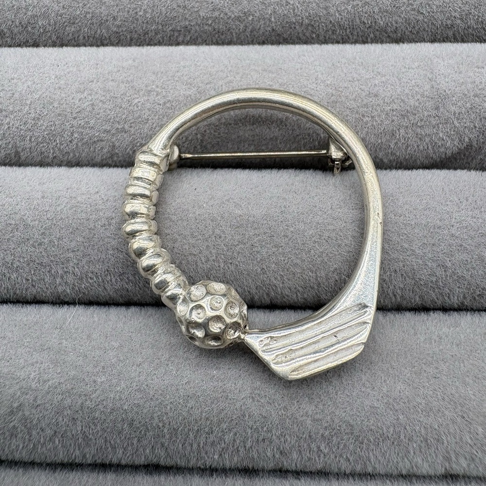 Vintage Golf Ball Club Sterling Silver Brooch Pin Textured 7.8g
